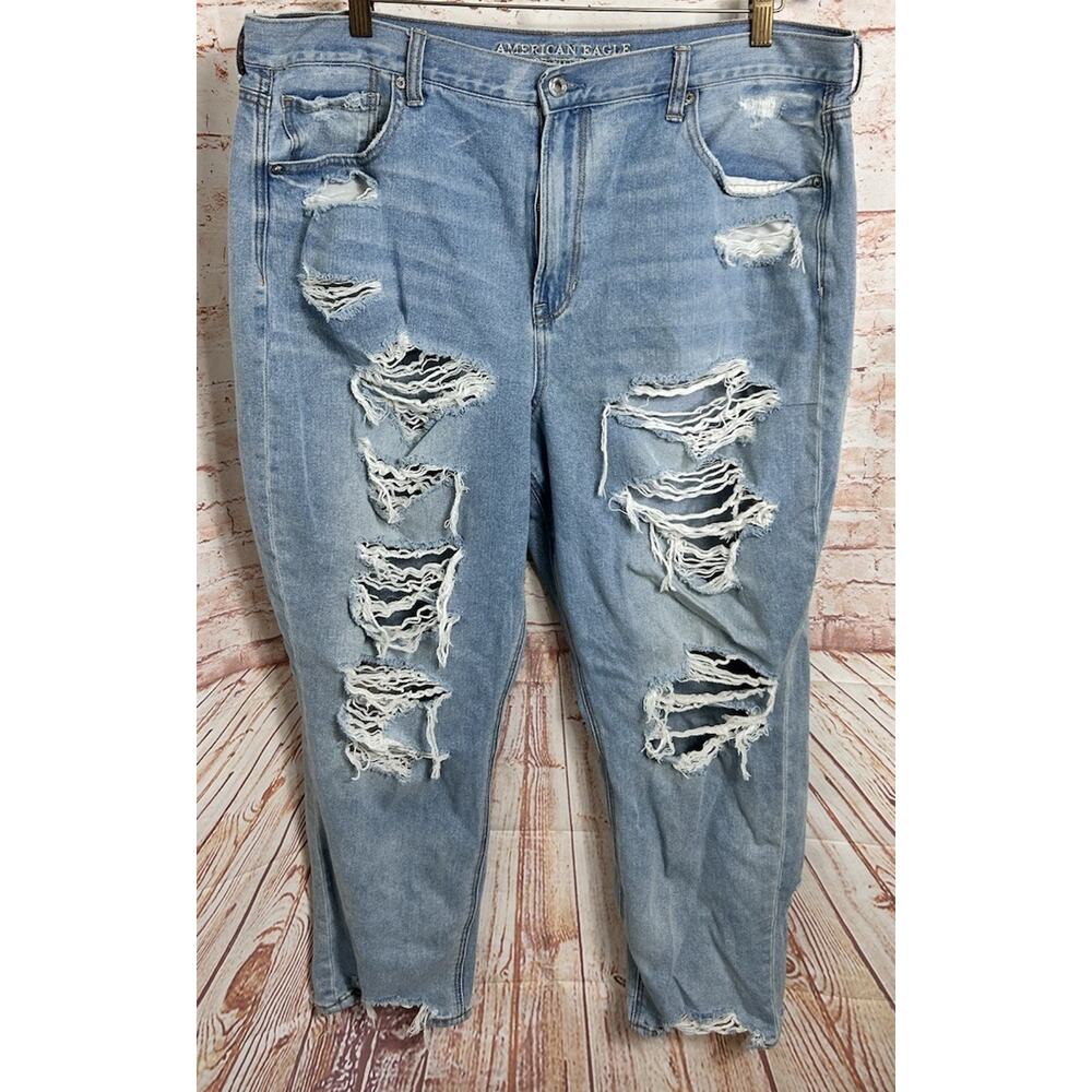 American Eagle Mom Jeans Sz 20 Regular Distressed Torn Medium Blue Wash Raw Hem - Picture 4 of 7